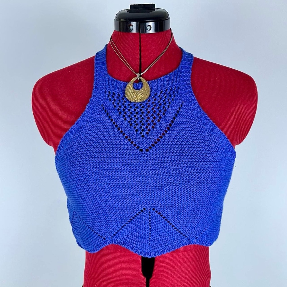 Blue Knit Halter Crop Top